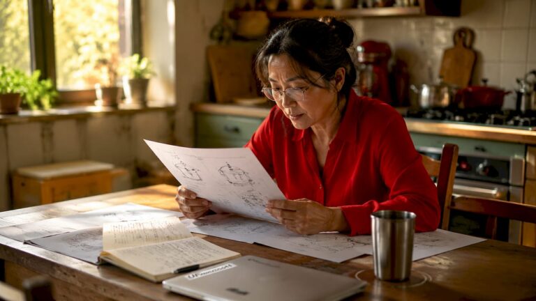 Woman reviewing design drawings in a kitchen setting for stainless steel cookware.