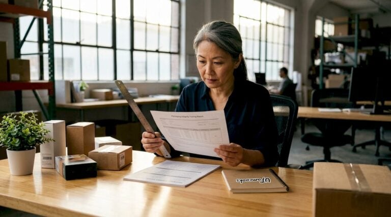 Businesswoman reviewing documents at desk in modern office.