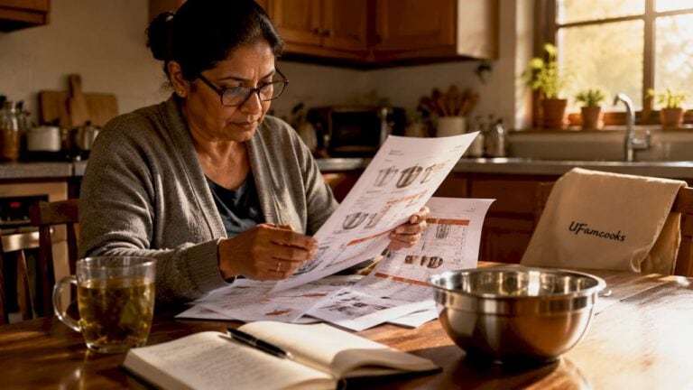 Woman examining stainless steel kitchenware catalog in a cozy kitchen.