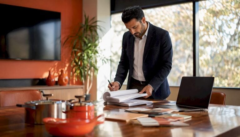 Businessman examining kitchenware product plans in office.