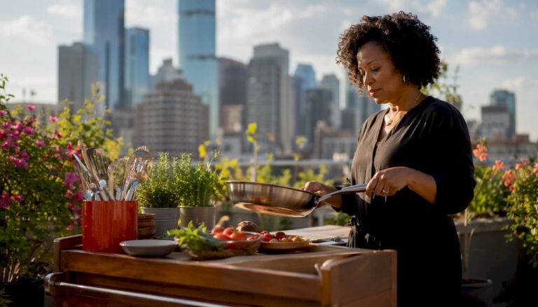 Woman cooking with stainless steel cookware on a rooftop with city skyline.