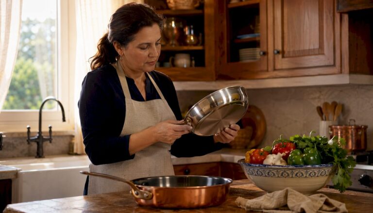 Woman inspecting stainless steel cookware in a kitchen setting.
