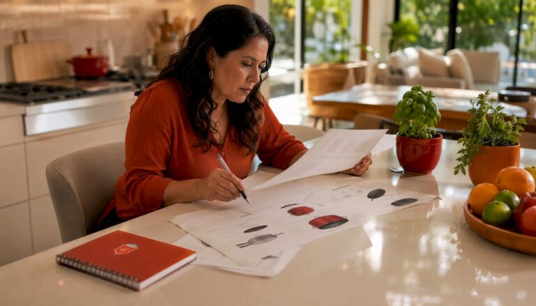 Woman reviewing kitchenware product designs at home.