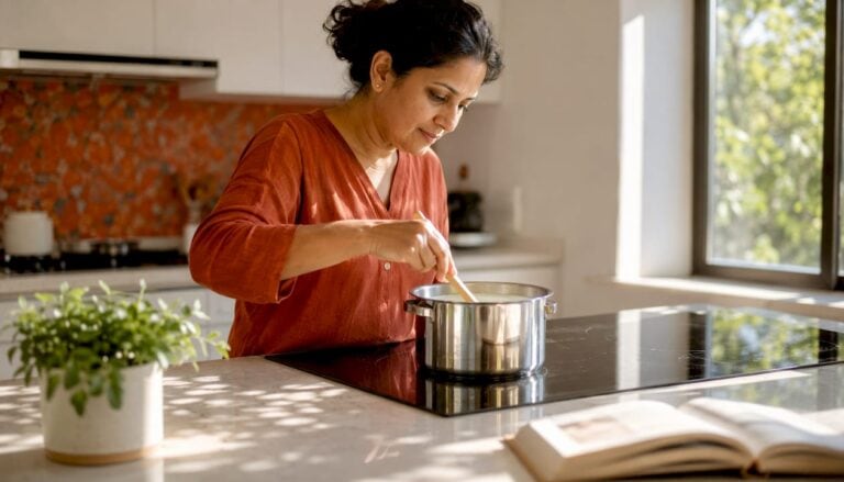 Woman cooking with stainless steel pot in modern kitchen.