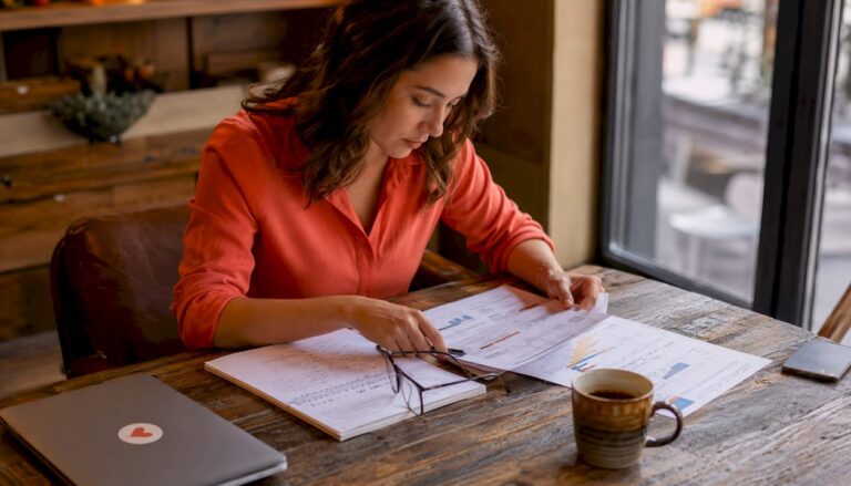 Woman reviewing documents at kitchen table with stainless steel kitchenware nearby.