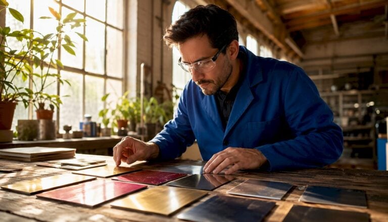 Man inspecting color samples in a stainless steel kitchenware factory.
