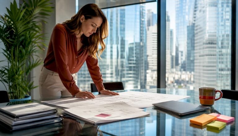 Businesswoman analyzing blueprints at a modern office desk with city view.