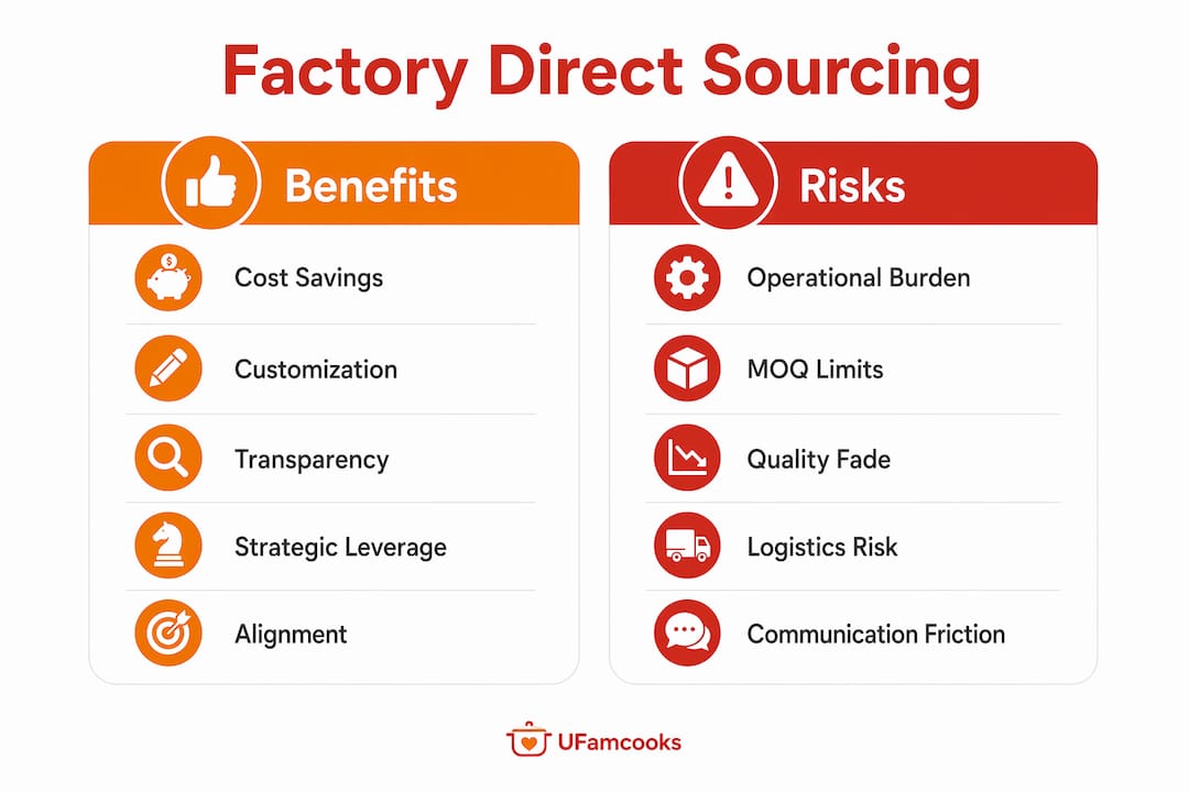 Infographic comparing factory direct sourcing benefits and risks