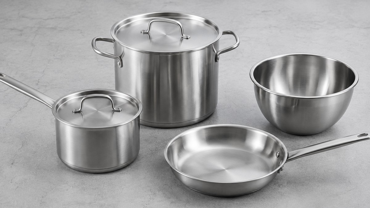 Brushed stainless steel saucepan, stockpot, mixing bowl, and skillet arranged side by side on a grey studio surface.