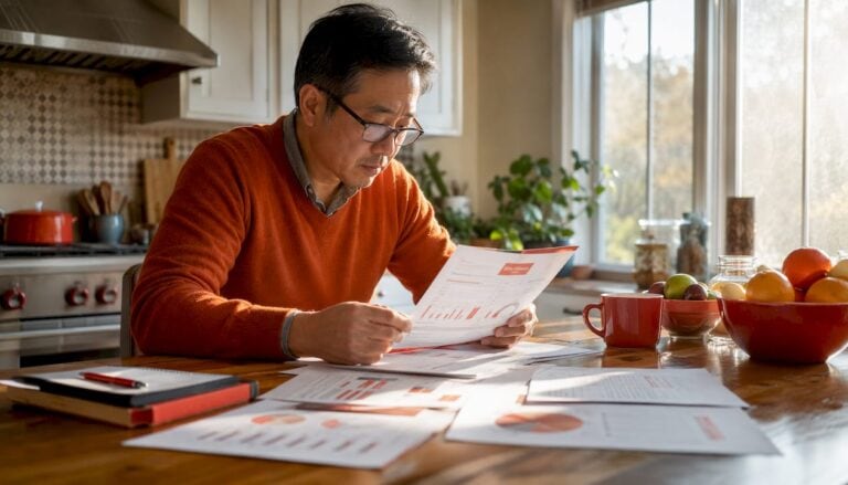 Man reading financial reports at kitchen table with sunlight and plants.