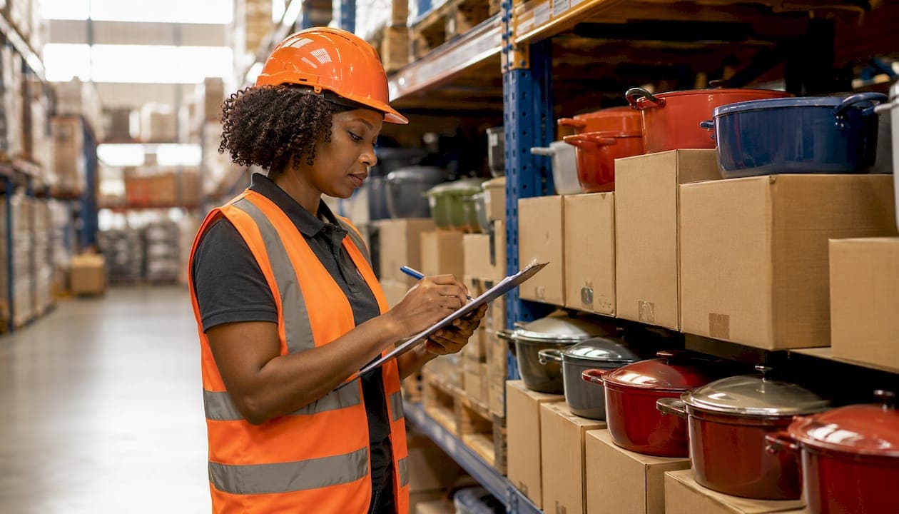 Inspector checking product consistency in warehouse