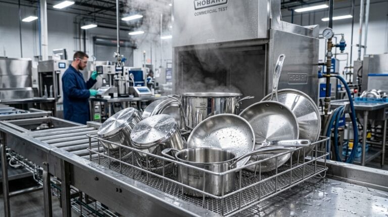 Stainless steel cookware in a factory setting with workers and industrial equipment.