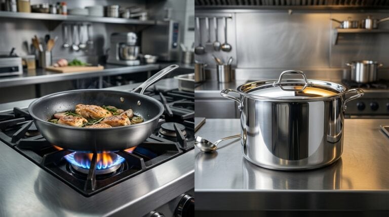 Stainless steel cookware and frying pan in a professional kitchen setting.