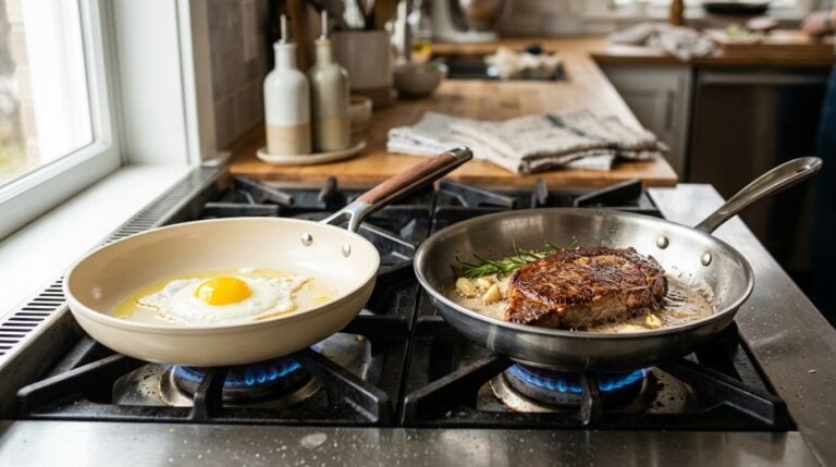 Stainless steel frying pans with eggs and steak on a stove.