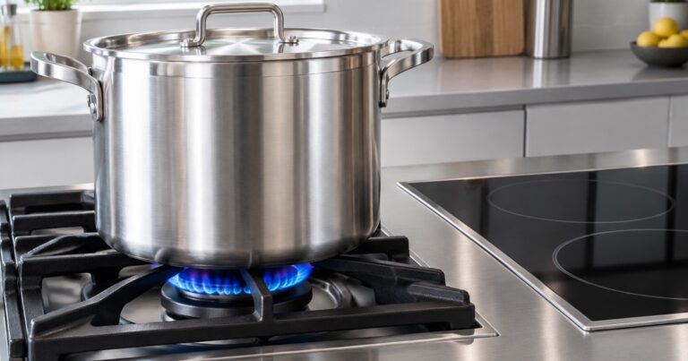 Brushed tri-ply stainless steel stockpot with a thick magnetic 430 base sitting on a black cast-iron gas stove grate over an even blue ring of natural gas flame
