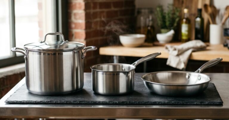 Brushed 304 stainless steel stockpot with two loop handles, 3-quart saucepan, and shallow tri-ply frying pan side by side on a dark slate kitchen table