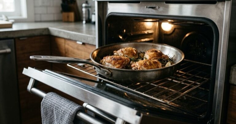 Stainless steel frying pan with cooked chicken in oven.